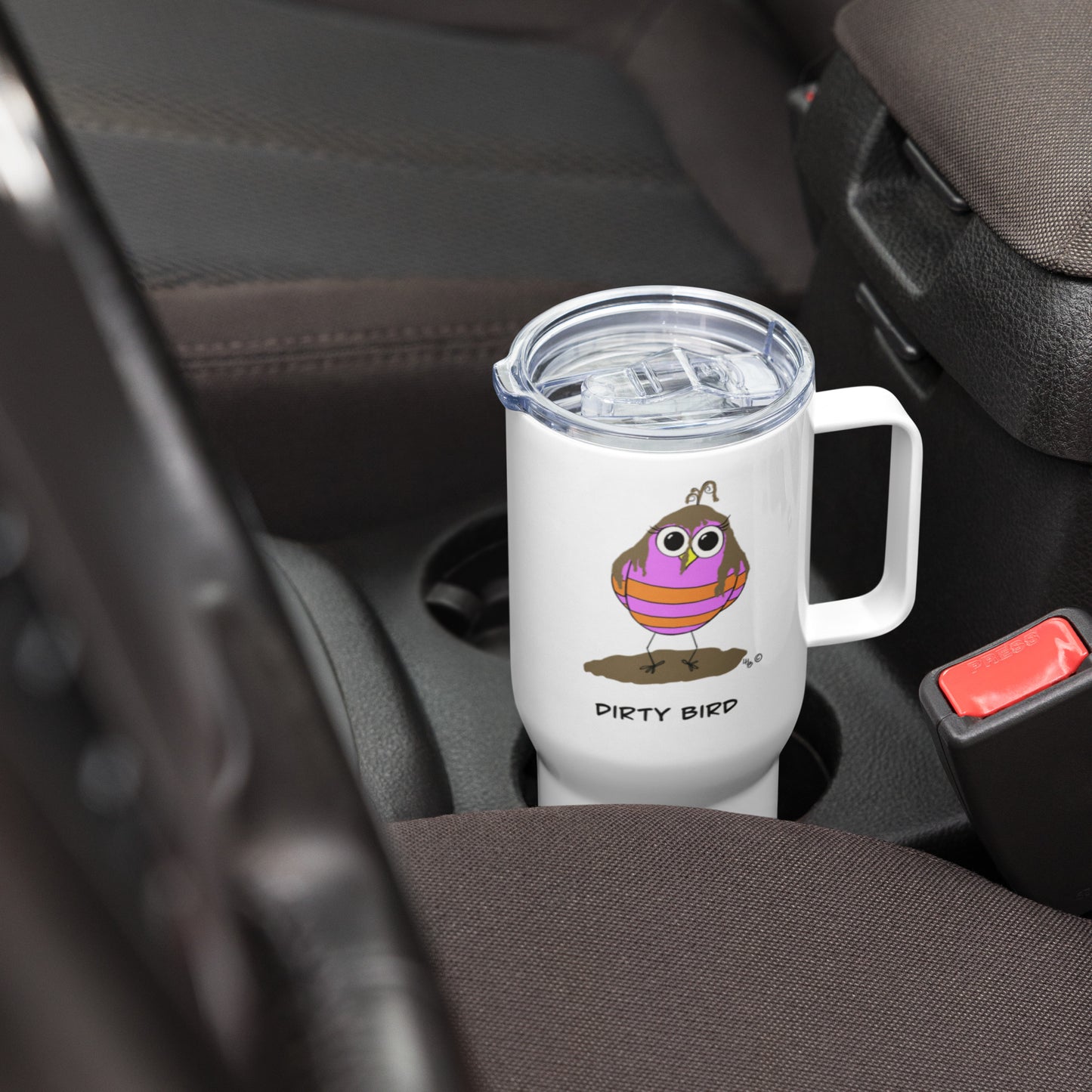 Dirty Bird Travel mug with a handle from The Quirky Birds Collection