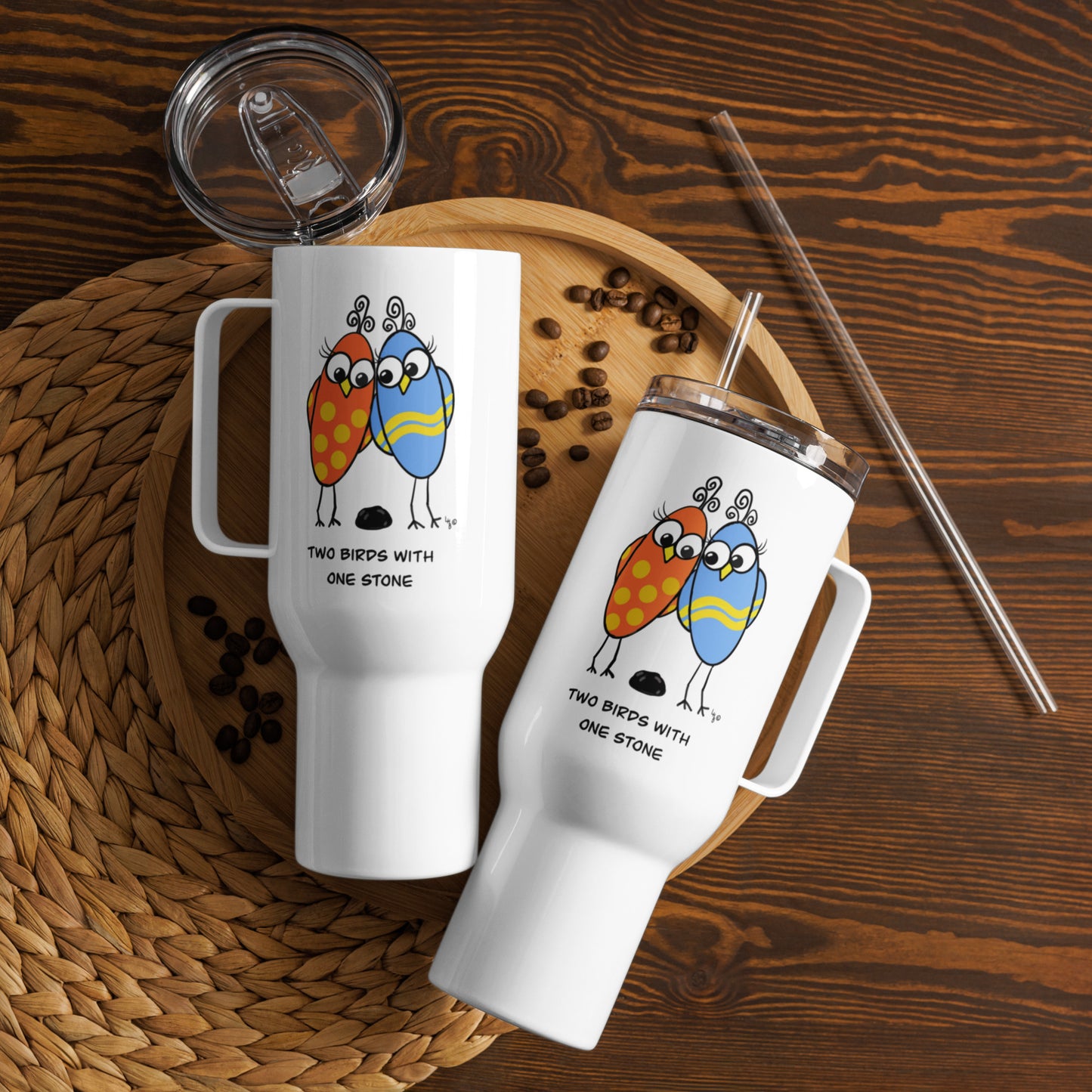 Two Birds With One Stone Travel mug with a handle from The Quirky Birds Collection