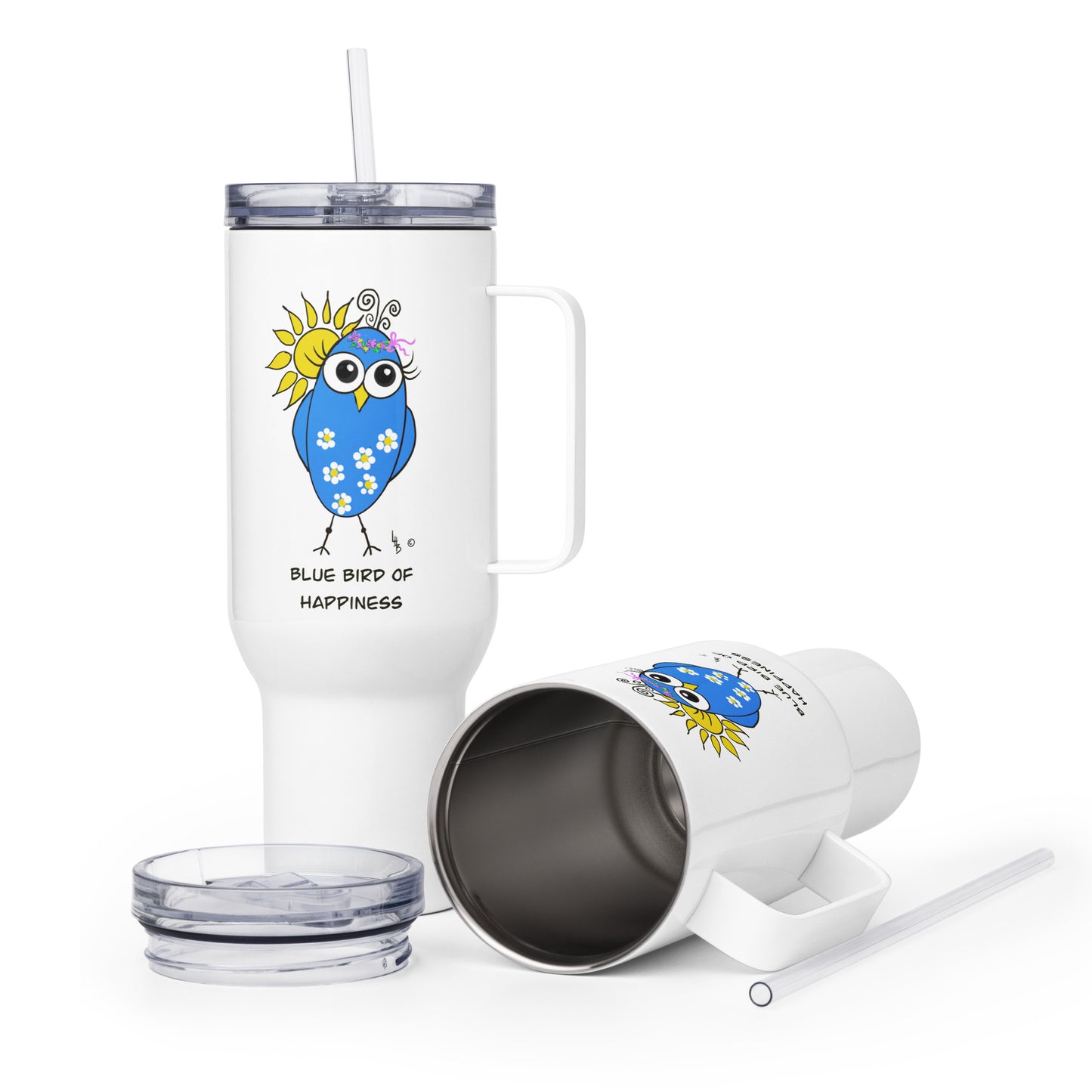 Blue Bird of Happiness Travel mug with a handle from The Quirky Birds Collection