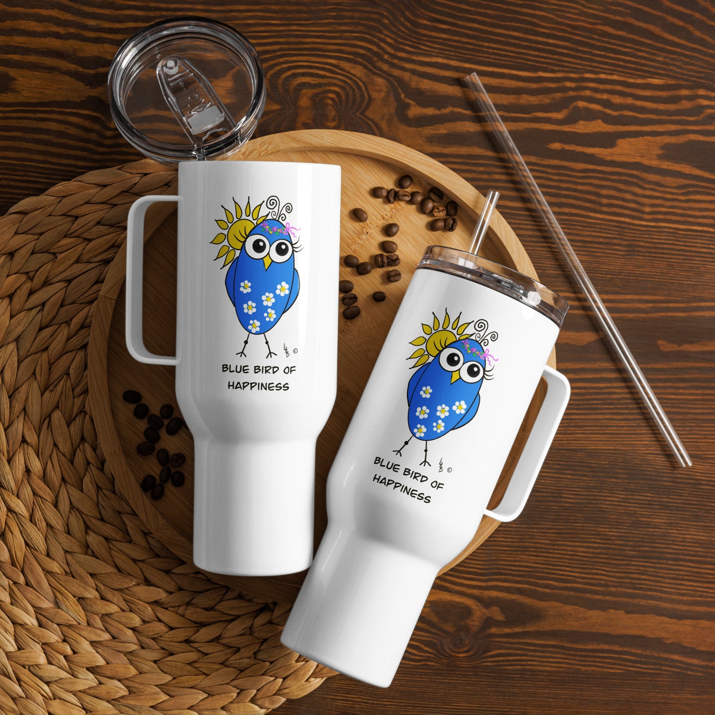 Blue Bird of Happiness Travel mug with a handle from The Quirky Birds Collection