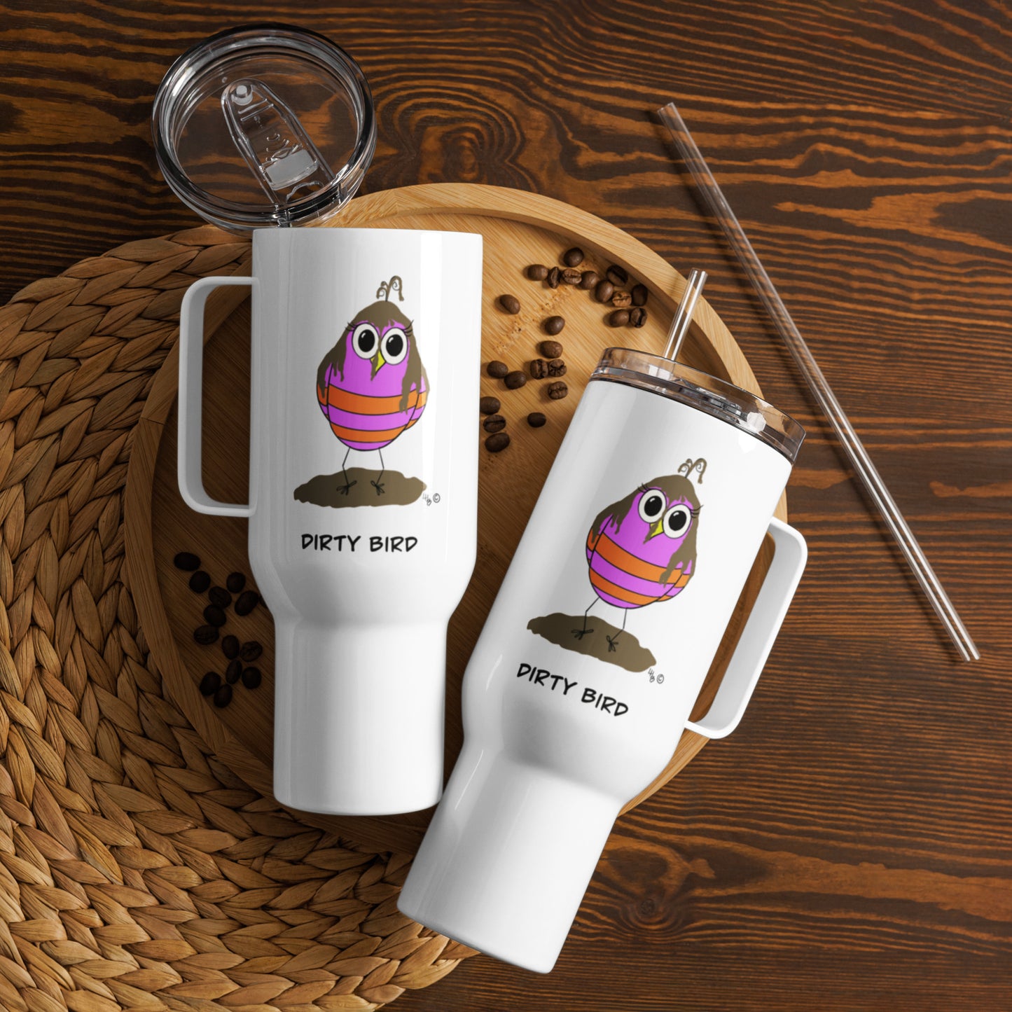 Dirty Bird Travel mug with a handle from The Quirky Birds Collection