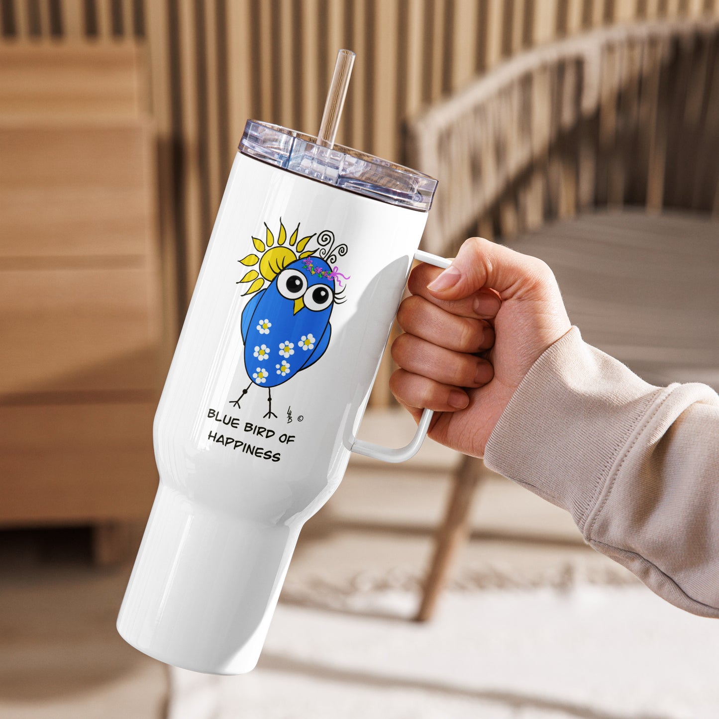 Blue Bird of Happiness Travel mug with a handle from The Quirky Birds Collection