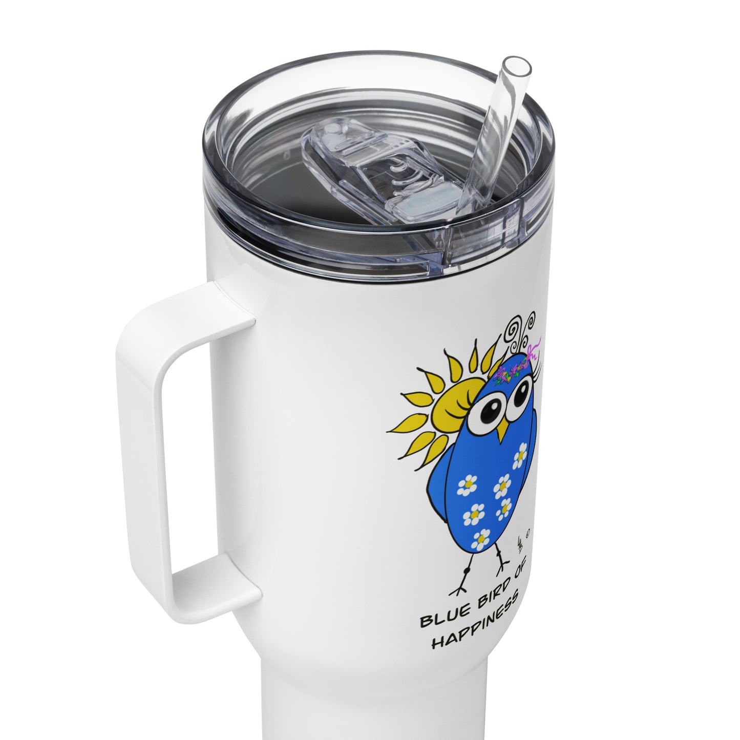 Blue Bird of Happiness Travel mug with a handle from The Quirky Birds Collection