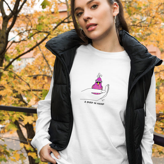 A Bird in Hand Unisex Long Sleeve Tee from The Quirky Birds Collection